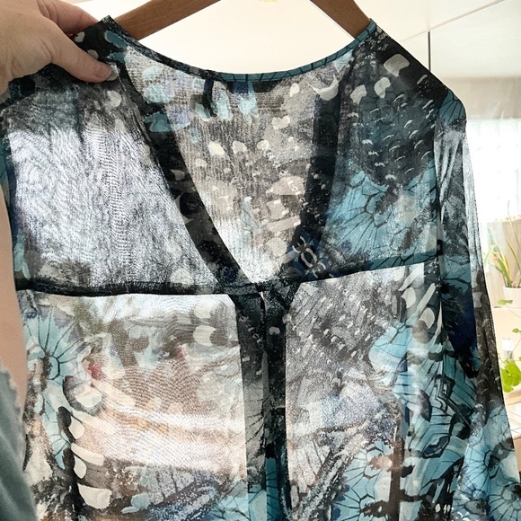 Marciano Blouse Silk Fairy Butterfly print Abstract Sheer Blue Black XS - Picture 12 of 13